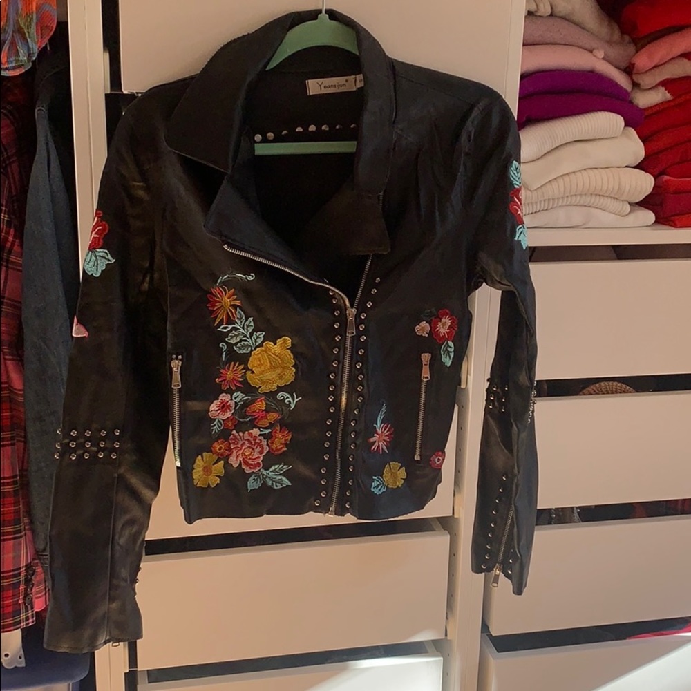 Faux leather embroidered jacket